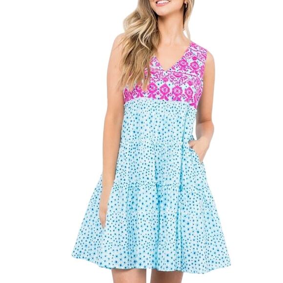 THML Anthropologie Mini Embroidered Pink Blue Floral Mini Dress Size Medium EUC - Picture 1 of 4